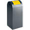 Gray, rectangular trash can with yellow lid. Top entry, rounded roof.