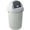 White trash can with gray lid. The lid says "PUSH" with an arrow.