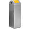 Grey, rectangular trash can with yellow top. There is a slot for inserting waste at the top.