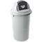 White trash can with gray lid and the word "PUSH".