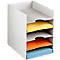 White paper tray with four compartments, filled with yellow, orange and blue stacks of paper.