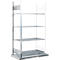 Een metalen rek met vier planken. De constructie is open en in een licht zilveren kleur.
