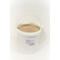A white bucket with a handle, filled with brown granules. On the bucket is a label with text and a logo.