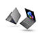 Zwei graue Laptops, einer geöffnet und einer geschlossen, schweben vor weißem Hintergrund. Der geöffnete Laptop zeigt ein farbenfrohes, abstraktes Design auf dem Bildschirm.