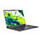 Dunkelgrauer Acer Laptop in perspektivischer Ansicht vor weißem Hintergrund mit abstraktem, grün-blauem Farbdisplay.
