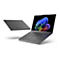 Grauer Laptop, teilweise geöffnet, schwebt vor weißem Hintergrund. Der Bildschirm zeigt eine bunte, abstrakte Grafik. Ein zweiter Laptop liegt im Hintergrund.