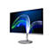 Acer Monitor mit schlankem silbernem Standfuß und abstraktem blau-grünem Lichtstreifen-Bildschirmhintergrund.