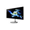 Schwarzer Acer Breitbildmonitor mit silbernem Standfuß und abstraktem, blau-grünem Farbspritzer-Display.