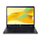Ein schwarzes Acer Chromebook-Laptop, Ansicht von vorne, offener Bildschirm mit gelb-orangenem Hintergrund, Tastatur sichtbar.
