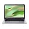 Silbernes Acer Chromebook von vorne mit grünem Bildschirmhintergrund und schwarzer Tastatur.