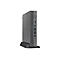 Grauer Mini-PC, aufrecht auf einem schwarzen StandfuÃŸ. Auf der Vorderseite USB-AnschlÃ¼sse und ein KopfhÃ¶reranschluss. Auf weiÃŸem Hintergrund.