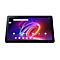 Ein schwarzes Tablet auf weißem Hintergrund. Auf dem Bildschirm sind App-Symbole und Suchleiste zu sehen.