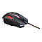 Schwarze Gaming-Maus mit roter LED-Beleuchtung, strukturiertem Gehäuse und stoffummanteltem Kabel auf weißem Hintergrund.