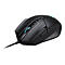 Schwarze Gaming-Maus mit blau beleuchtetem Scrollrad und DPI-Taste auf weißem Hintergrund.