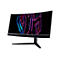 Acer Predator Curved Gaming-Monitor vor weißem Hintergrund mit leuchtendem, violett-blauem Grafikdesign auf dem Display.