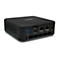 Schwarzer Mini-PC von Acer. Oberseite mit Stoffmuster, Anschlüsse auf der Rückseite, darunter HDMI und DP.