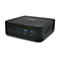 Schwarzer Mini-PC mit Stoffoberfläche, Front mit Anschlüssen wie USB, Audio und Power-Taste. Weißer Hintergrund.