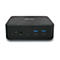 Schwarzer Mini-PC, die Front zeigt Anschlüsse: Audio, Strom, USB-A, USB-C.
