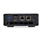 Rückseite eines schwarzen Mini-PCs. Anschlüsse: USB, HDMI, DisplayPort, Ethernet, Stromanschluss.