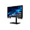 Schwarzer 3D-Monitor auf Standfuß mit blauem abstraktem Hintergrund und technischen Spezifikationen im Display.
