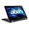 Ein offenes, graues Acer Chromebook-Laptop vor weißem Hintergrund. Bildschirm mit blauem Hintergrund und weißem Acer-Logo.