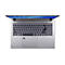 Draufsicht auf ein silberfarbenes Laptop-Keyboard mit geöffnetem Bildschirm. Auf dem Bildschirm ist ein blaues Muster zu sehen. Die Tastatur hat weiße Schriftzeichen und einen Trackpad.