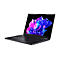 Schwarzes Acer-Notebook in Seitenansicht vor weißem Hintergrund mit farbenfrohem Blumen-Hintergrundbild.