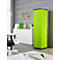 A green cabinet in an office, next to it a white cabinet and an office chair.
