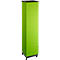 A green, rectangular presentation stand with wheels, a black base, and a lid.