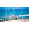 Dune landscape with beach grass and wooden fence against blue sea.