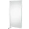 A transparent, rectangular partition with a silver frame and base.