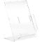 A clear acrylic brochure holder stands upright. It has an angled section for brochures and a perpendicular base.