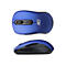 Draufsicht und Seitenansicht einer blauen, ergonomischen Funkmaus mit schwarzem Mausrad und ACT-Logo.