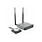 Graue Basisstation mit zwei Antennen und ein flacher, quadratischer Presenter-Button mit USB-C-Stecker.