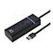 Schwarzer 4-Port USB 3.0 Hub von ACT mit blau leuchtender Status-LED vor weißem Hintergrund.