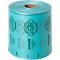 Rol van blauwgroene folie met meerdere herhaalde logo's en letters.