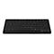 Schwarze Bluetooth-Tastatur, mit deutschen Buchstaben und Sonderzeichen.