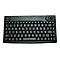 Schwarze, kompakte Tastatur mit deutschem QWERTZ-Layout und integriertem Trackball oben rechts.