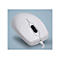 Weisse Computermaus mit Kabel auf blauem Hintergrund. Die Maus hat ein Scrollrad und zwei Maustasten.