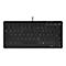 Schwarze, kabelgebundene Kompakt-Tastatur mit deutschem QWERTZ-Layout vor weißem Hintergrund.