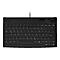 Schwarze, kompakte Tastatur mit deutschem QWERTZ-Layout, integriertem Trackball und Maustasten.