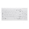 Draufsicht auf eine weiße Tastatur mit schwarzen Tastenbeschriftungen. Deutlich erkennbar sind Buchstaben, Zahlen, Sonderzeichen und Funktionstasten.