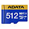Blaue und goldene ADATA 512 GB microSDXC Speicherkarte vor weißem Hintergrund.