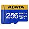 ADATA microSDXC Karte, 256 GB, gold-blaues Design mit Marken- und Spezifikationsaufdruck.