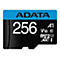 ADATA 256GB microSDXC-Speicherkarte mit blauem Logo-Bereich und technischer Beschriftung auf schwarzem Grund.
