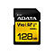 Schwarze SD-Karte mit gelbem Aufdruck. Beschriftung: ADATA, V90, 128 GB und 290MB/s.