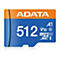 Blaue und orangefarbene MicroSD-Karte von ADATA mit der Aufschrift 512, A1, V10 und micro SDXC I.