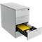 Grey filing cabinet with three drawers, one open. Contains folders, accessories.
