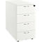 White file cabinet with four drawers and silver handles. A lock is located on the top drawer.