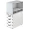 White shelf with drawers and open compartment. Black dashes on the edges, drawer handles.